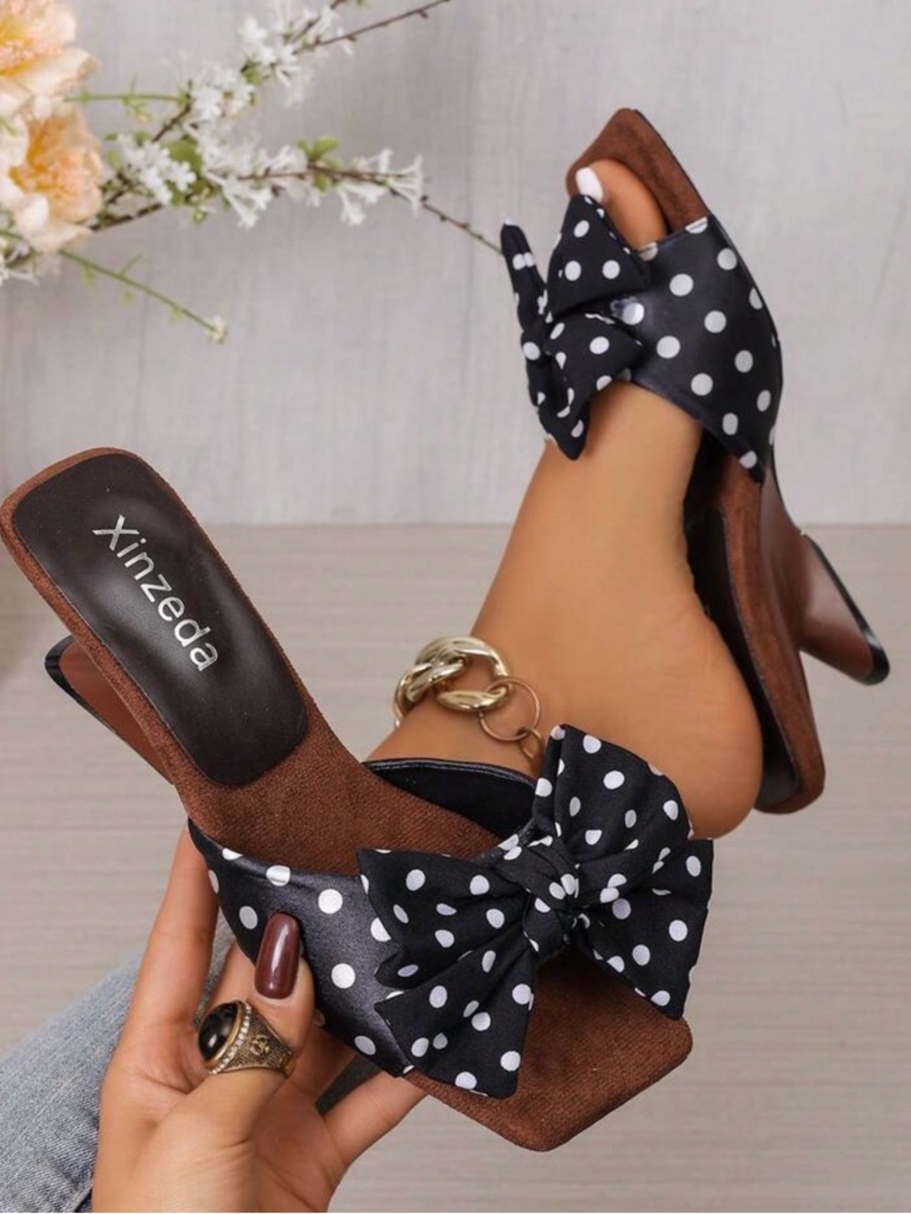 NWT Black Polka Dot Bow Wedge Slide Sandals Size 9.5 Chic Summer